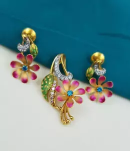 Fabulous Design Gold Pendant With Earrings 22K Real Gold Flower Stylish Look Set - Picture 1 of 6