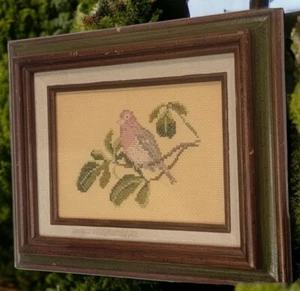 bird needlepoint Cross Stitch Framed Matted Artwork Vntg - Picture 1 of 7