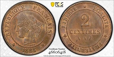 1885 A Paris France 2 Centimes Gad-105 PCGS MS64 BN Brown Pop 1/1 BN        2830 - Image 1 of 4