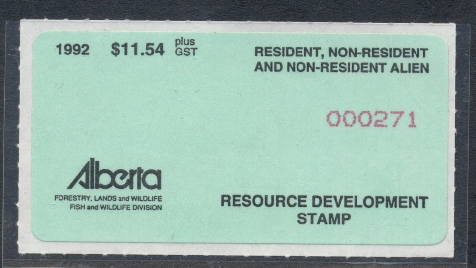 1992 Alberta Resource Development, $11.54 Rubec & Stover 2015 ARD28 mint backing - Image 1 of 1