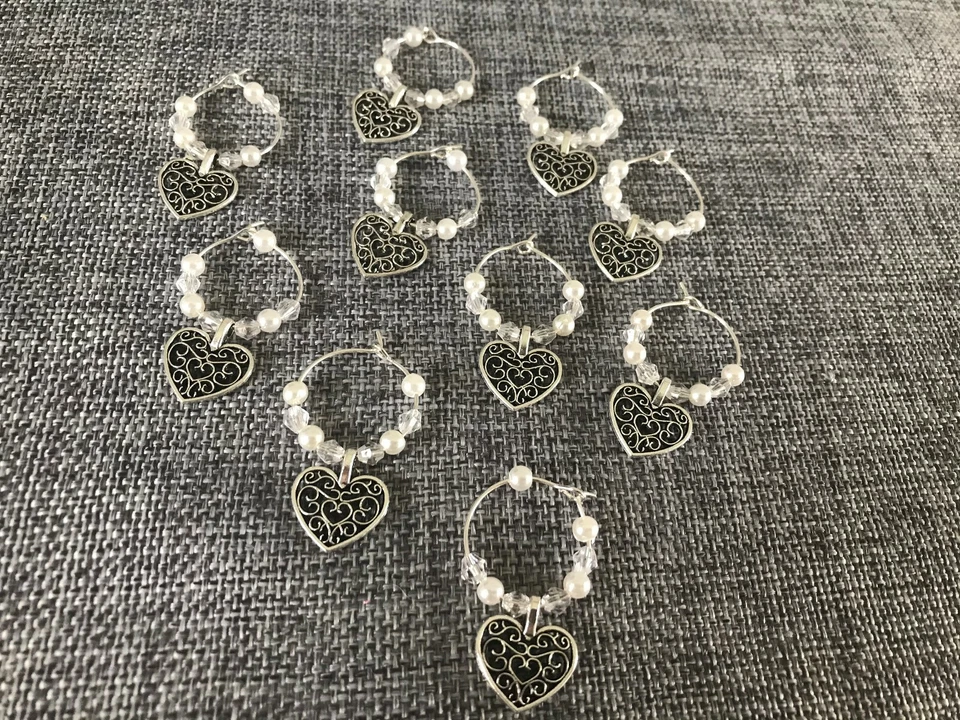 10 Filigree Heart Wine Glass Charms - Gift - Wedding - Occassions - Party WHITE - Image 1 of 1