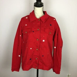 Quacker Factory Jean Denim Jacket Size L Womans Red Stars Embroidered Stretch - Picture 1 of 16