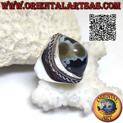 Anello in argento 925 ‰ agata occhio di Shiva (terzo occhio) a navetta e bordo a - Immagine 1 di 4