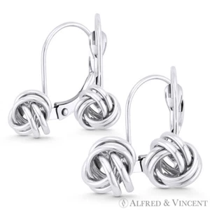 8mm or 10mm Love Knot Charm Leverback Drop/Dangle Earrings in 14k White Gold - Picture 1 of 3