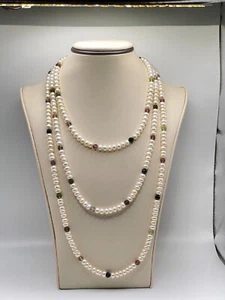 Tourmaline Peridot Onyx Citrine Gemstone Beaded Cultured Pearl 14K Necklace - Picture 1 of 7