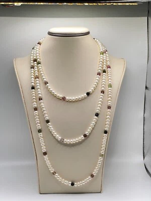 Tourmaline Peridot Onyx Citrine Gemstone Beaded Cultured Pearl 14K Necklace - Image 1 of 4