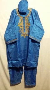 Mens 3Pcs Africa Dashiki Pant Suit 100% Polyester Brocade Print L Blue Free Size - Picture 1 of 8