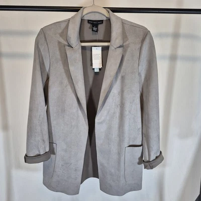 Chaqueta Blazer Joan Vass NY Para Mujer’s M Imitación Gamuza Abierta Gris Plateado Nueva con Etiquetas $88 Foto 1 de 4