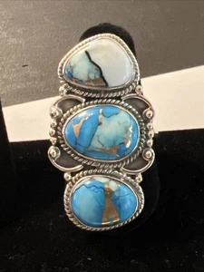 STERLING SILVER Southwestern 3 Stone Copper Turquoise RING  925 8 1/2 Adjustable - Picture 1 of 14