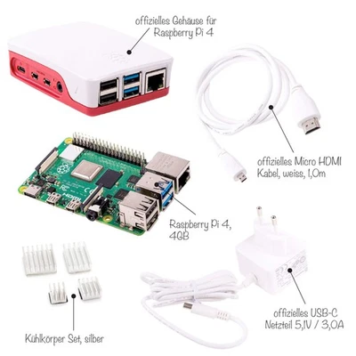 Raspberry Pi 4 4GB Kit / Gehäuse / Netzteil / HDMI Kabel / 4x Alu-Kühlkörper - Bild 1 von 4