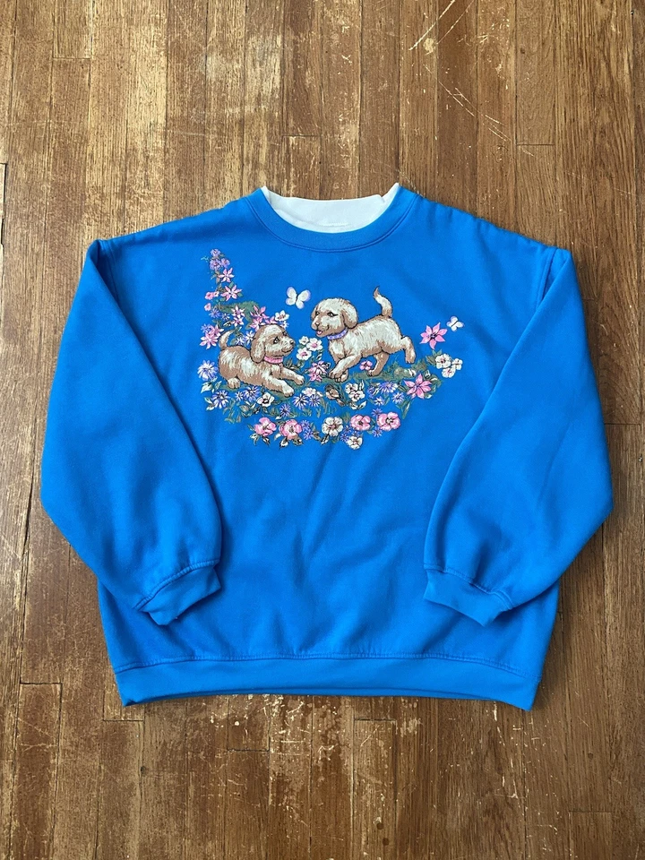 Vintage Y2K Cottagecore Cute Puppy Floral Blue Crewneck Sweatshirt Women’s Large - Image 1 of 4