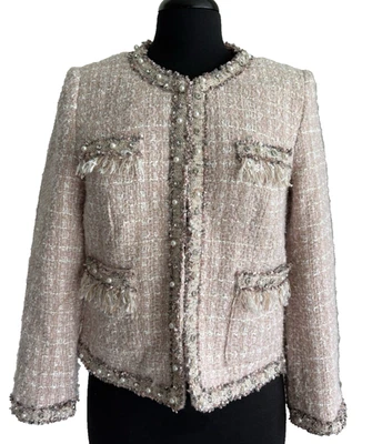 Blazer rosa enfeitado com franja Stella + Lorenzo Tweed Boucle tamanho pequeno - Imagem 1 de 4