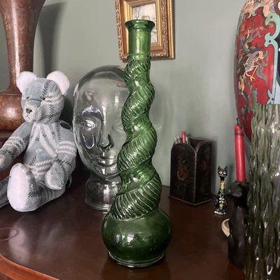 Vintage 1960s Empoli Green Glass Genie Bottle Snake Pattern MCM Decor H12.5"   - Image 1 of 4