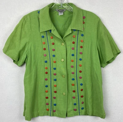 Blusa Vintage Stonebridge M Botão para Cima Mistura de Linho Verde BOTÃO DECORADO RicRac - Imagem 1 de 4