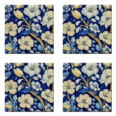 Blue Art Nouveau Flowers Ceramic Tile Set Of 4 Floral Backsplash Tiles 4.25 In - Image 1 of 3