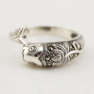 925 Sterling Silver Chinese Men Women Marcasite Lotus Fish Zen Yoga Ring A3094 - Picture 1 of 7