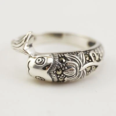 Anillo de yoga Zen de plata esterlina 925 chino para hombres y mujeres marcasita pez loto A3094 Foto 1 de 4