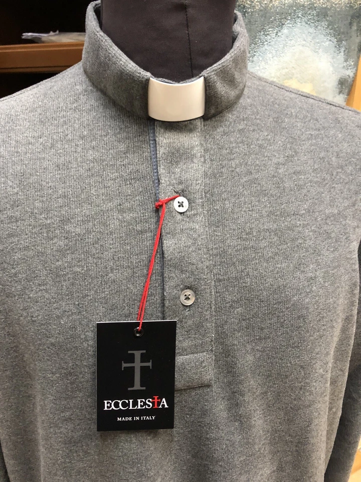 POLO MAGLIONE PRETE SACERDOTE 100 % Cotone flanella Grigio Made in Italy  nuova - Immagine 1 di 4