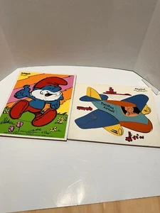 Vintage Playskool WOODEN Puzzles Lot Of 2 Smurfs Airplane Complete - Picture 1 of 7