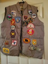 Vintage Woolrich Large Tan Nylon Puffer Vest With Assorted Patches NRA SeaBees  
