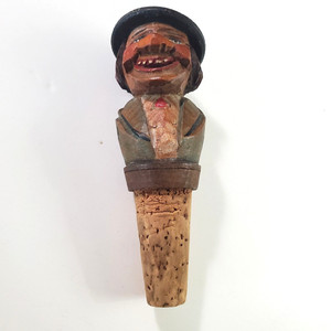 Vintage Anri Carved Wood & Cork Bottle Stopper Funny Old Man No Reserve