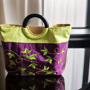 Embroidered Silk Wooden Handle Tote Bag Vtg Look Green &Purple Leaves Pattern - Picture 1 of 6