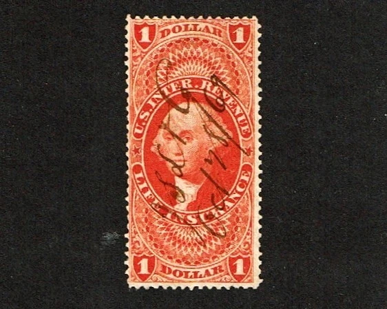 1862-71 Revenue First Issue Wash.$1 Red LIFE INSURANCE Sc#R71c Great Pen Cancel - Image 1 of 1