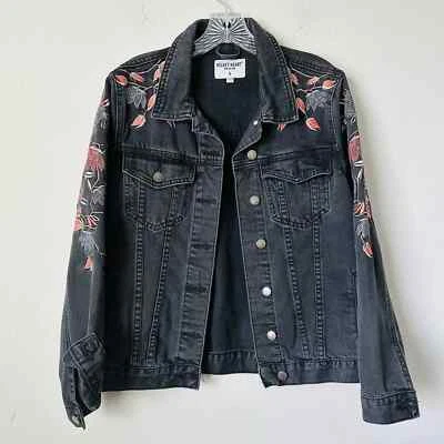 Velvet Heart Denim Distressed Black Floral Embroidered Jacket Sz S B-12 - Imagem 1 de 4