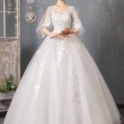 Vestidos de novia cuello en O apliques de encaje tul novia vestido de baile hasta el suelo Foto 1 de 4