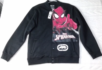 Chaqueta polar Ecko Marvel Spiderman para hombre talla grande negra con gráficos universitarios broches de presión Foto 1 de 4