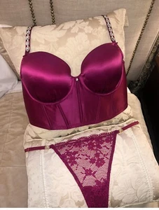 Victorias Secret Luxe Satin Lined Demi Jewel Strap Bra /Lace Thong 38DD/XL NWT - Picture 1 of 11