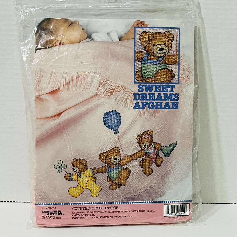 Leisure Arts Counted Cross Stitch Afghan Kit Sweet Dreams Pink 28x44 Baby Girl