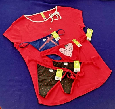 HUE sz M lot Teeshirt Sleep Top Panties hearts G-String Thong je t'aime red blue - Image 1 of 4