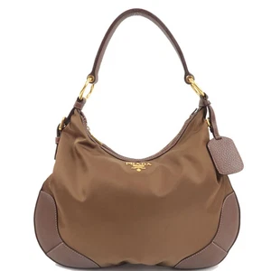 Authentic PRADA Logo One Shoulder Bag Nylon Leather Brown F/S - Picture 1 of 24