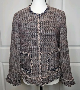 Rebecca Taylor Damen Tweed Blazer Größe 6 Fransenbesatz Rosa & Marineblau - Bild 1 von 7