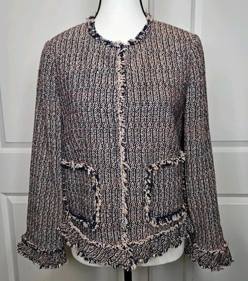 Rebecca Taylor Womens Tweed Blazer Size 6 Fringe Trim Pink & Navy Blue - Image 1 of 4