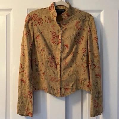 LAUREN Ralph Lauren Vintage 90s Floral Pattern 100% Linen Mandarin Jacket Size M - Image 1 of 4