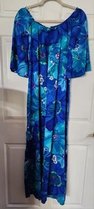 Vintage Kimos Polynesian Shop Blue Floral Hawaiian Maxi Dress Size 10 - Picture 1 of 3