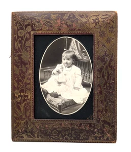Vintage Young Girl With Doll Photo in Cardboard Frame Floral Burgundy Gold 7x8.5 - Picture 1 of 8