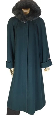 VINTAGE DONNYBROOK~NEW~HUNTER GREEN PURE WOOL~RABBIT FUR TRIM HOOD COAT 10 TALL - Image 1 of 4