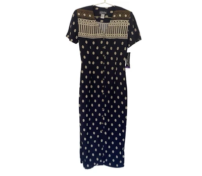 Vestido Midi Vintage Años 90 All That Jazz Rayón 7/8 Azul Marino Beige Boho Hecho en EE. UU. Foto 1 de 4