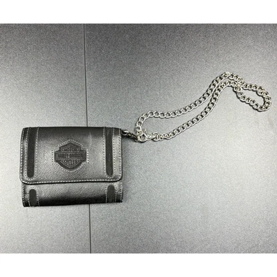 Cartera Harley-Davidson con cadena de cuero negro triple cierre a presión estilo motociclista Foto 1 de 4