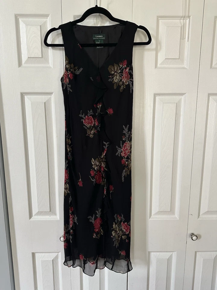 Vintage Lauren Ralph Lauren Dress Y2K Silk Chiffon Floral Slip Ruffle Size 4 - Image 1 of 4