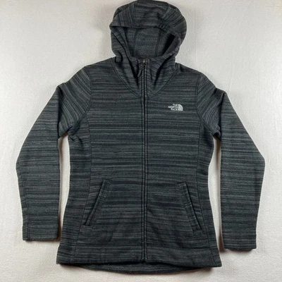 North Face 抓绒夹克女式中号黑色条纹连帽全拉链口袋 — 第 1/4 张图片