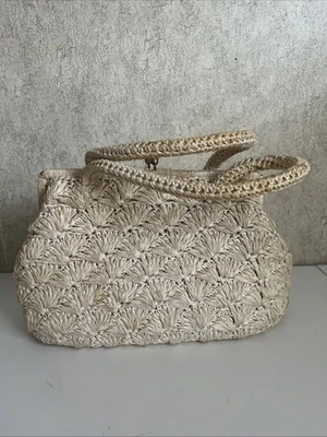 Bolso Cartera Vintage Crochet Crema Rafia Cierre Beso Hecho en Japón Foto 1 de 4