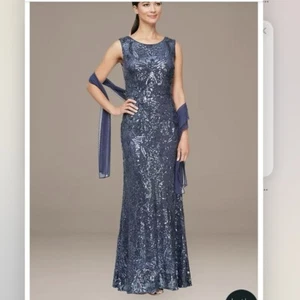 Alex Evenings Blue Purple All Over Sequin Sleeveless Maxi Dress Shawl Size 10 - Picture 1 of 8