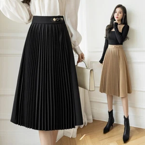 Lady Pleated Skirt Midi High Waist Zip A-line Casual French Black Asymmetric - Picture 1 of 14