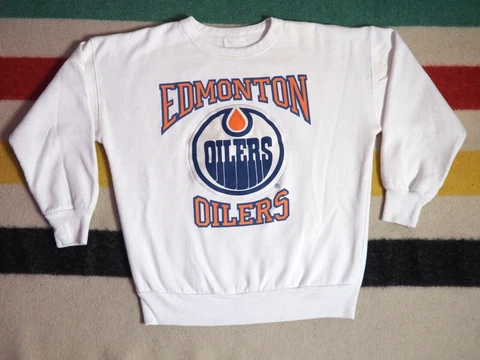 VTG 80s 90s NHL Edmonton Oilers Hockey Canada Patch White Pullover Sweatshirt M Cover