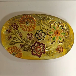 Gold Glass Painted Floral Multicolor Platter Serving Dish COLORFUL! - Picture 1 of 4