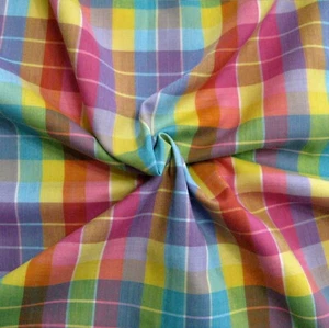 Vintage Rainbow Plaid Fabric 44" X 2 Yards Pink Blue Purple 1970s Cotton / Poly - Picture 1 of 5